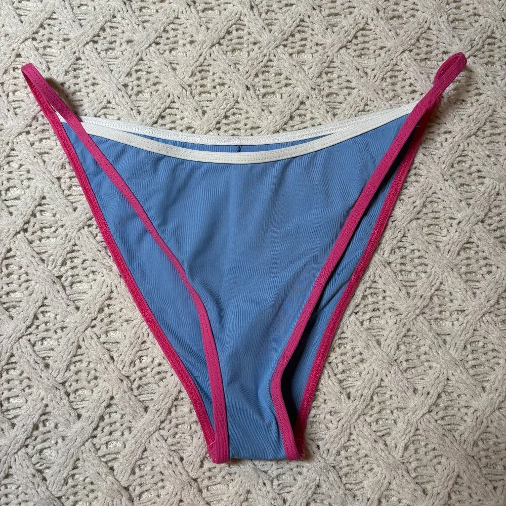 L*Space Bitsy Cut Bikini Bottom Blue with Pink & White Trim –‎ Women’s XL NWOT